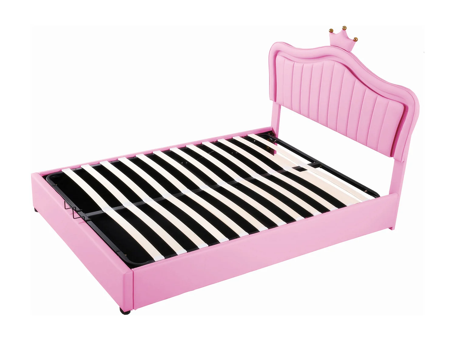 Prinsessenbed voor meisjes, 140x200 cm, in roze PU-leer met LED-kroonhoofdbord, lattenbodem en hydraulische opbergruimte - Gewatteerd hoofdbord, elegante stijl