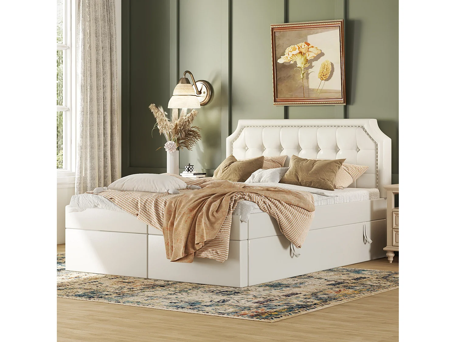 Lit double 140x200 cm en tissu blanc avec sommier à cadre métallique et espace de rangement ouvrable des deux côtés