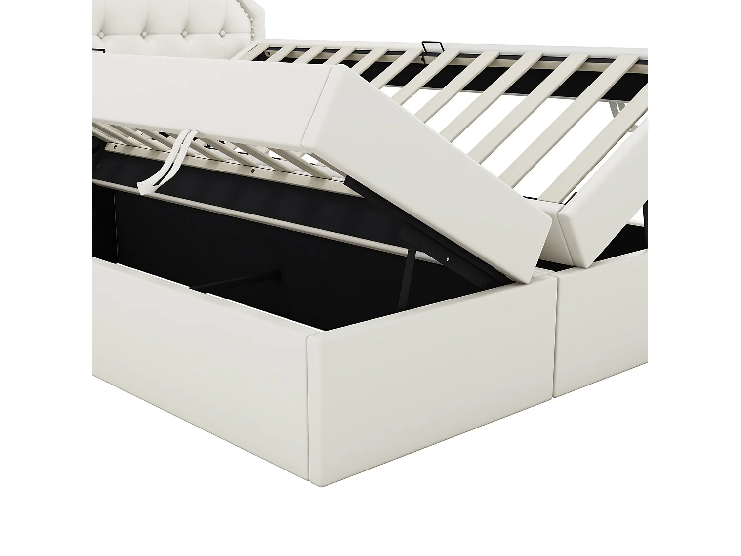 Lit double 140x200 cm en tissu blanc avec sommier à cadre métallique et espace de rangement ouvrable des deux côtés