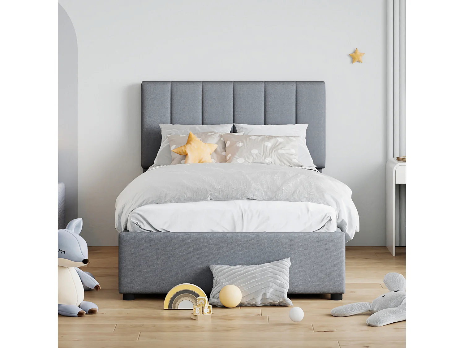 Lit box enfant 90x200 cm en lin gris doux avec rangement hydraulique – Lit sécurisé, fonctionnel et élégant pour chambre enfant