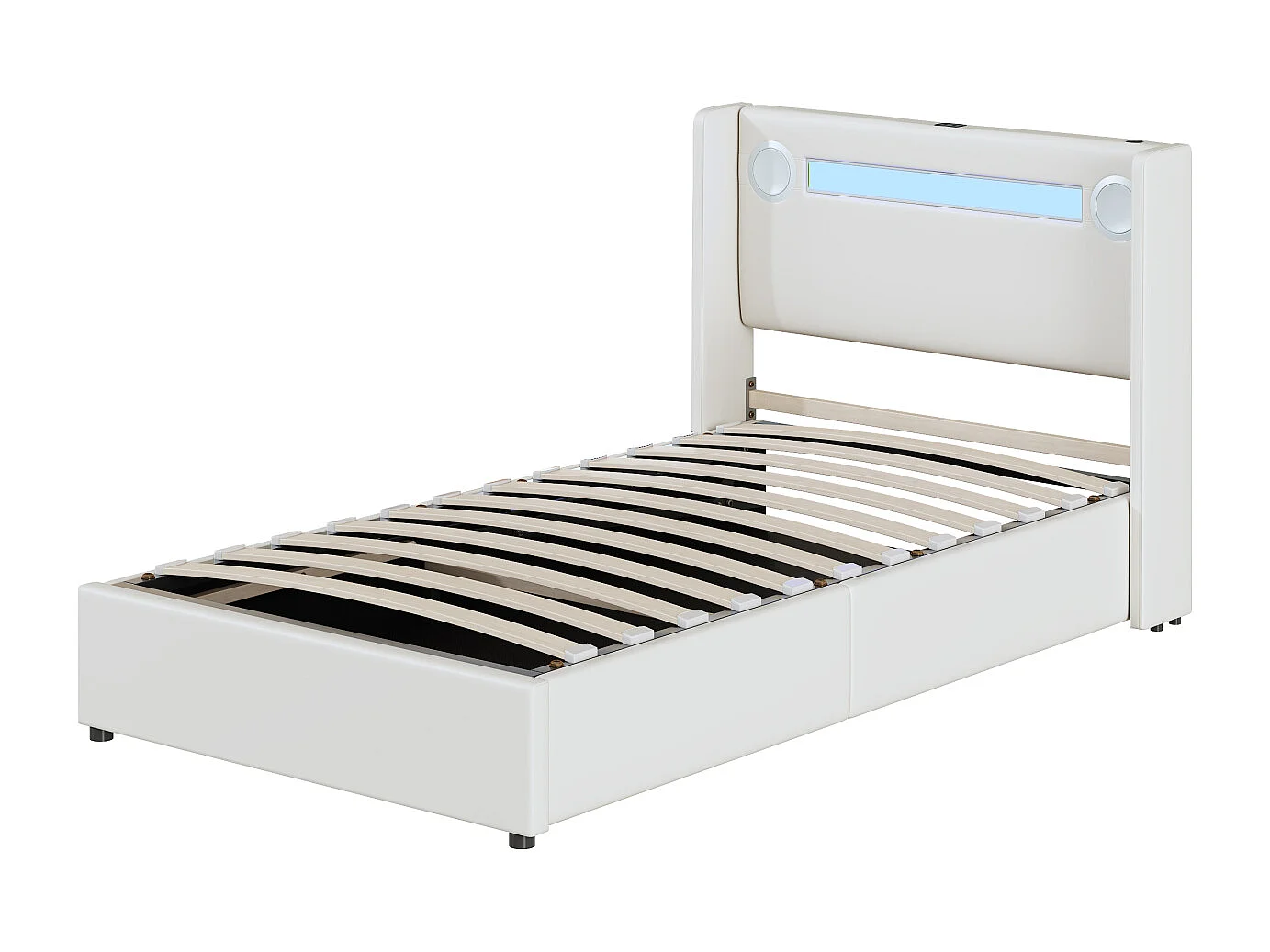 Lit enfant 90x200cm en similicuir avec éclairage LED, lecteur Bluetooth, USB et espace de rangement, Lit junior moderne