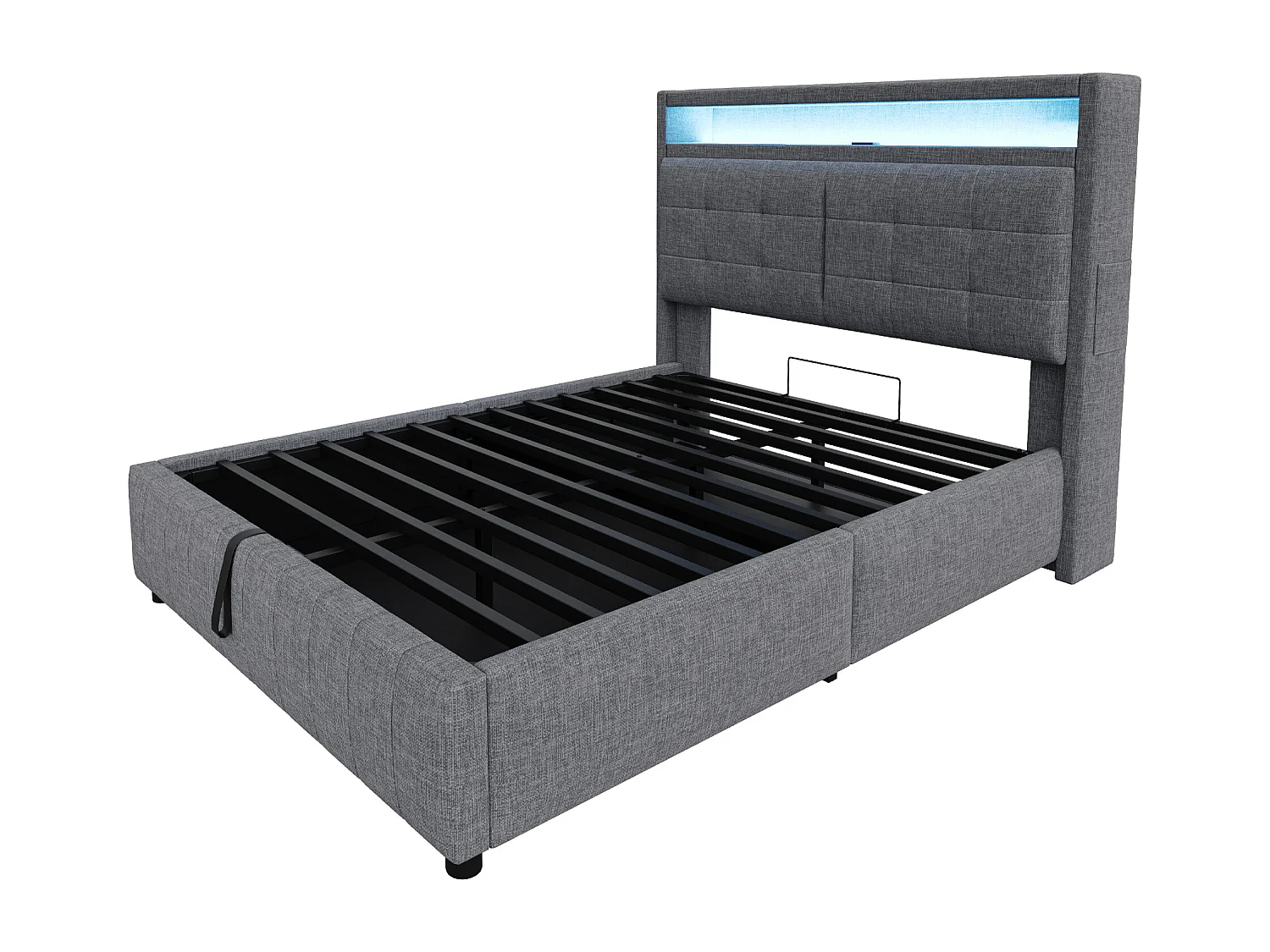 Tweepersoonsbed 140x200 cm in grijze stof, met LED, USB, hoofdbord met planken en hydraulische opbergruimte – inclusief lattenbodem, modern en praktisch