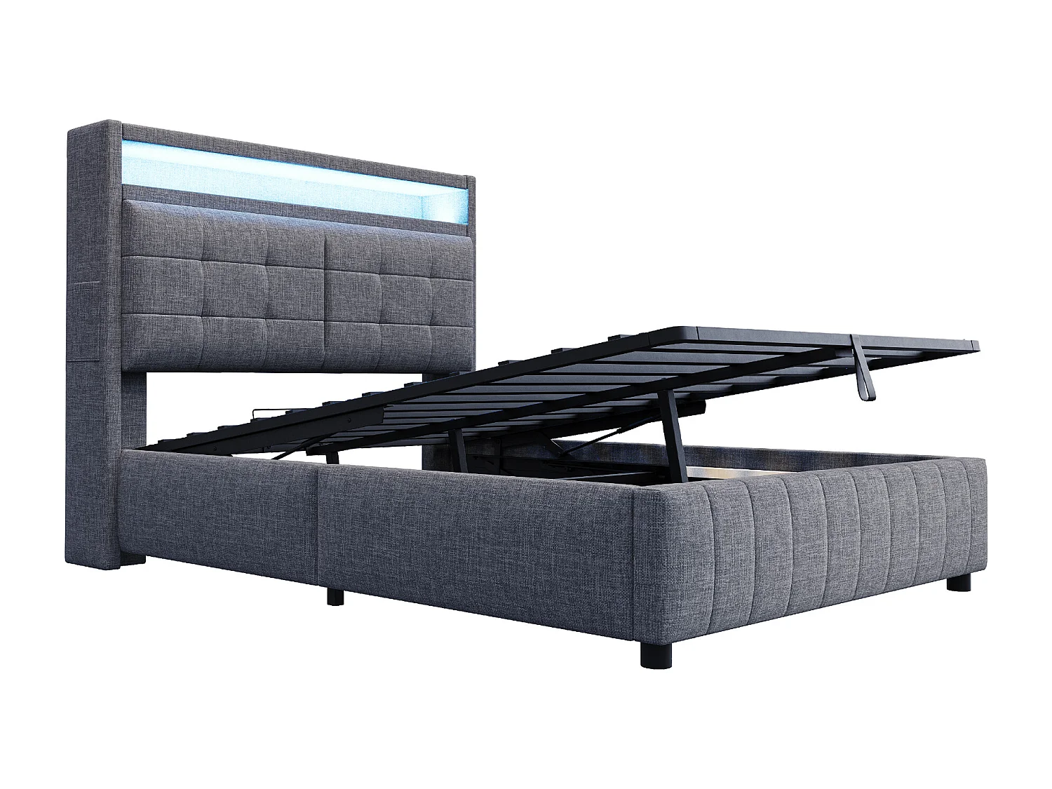 Tweepersoonsbed 140x200 cm in grijze stof, met LED, USB, hoofdbord met planken en hydraulische opbergruimte – inclusief lattenbodem, modern en praktisch