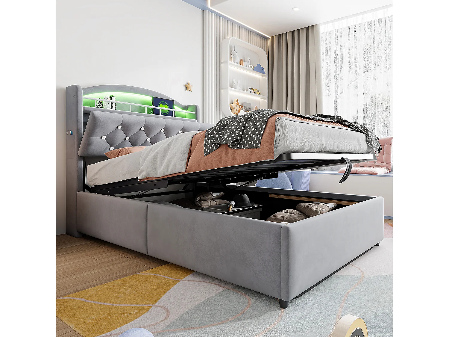 Letto per bambini 90x200 cm in velluto grigio, letto singolo multifunzionale con contenitore, LED e porta USB – Comodo e pratico