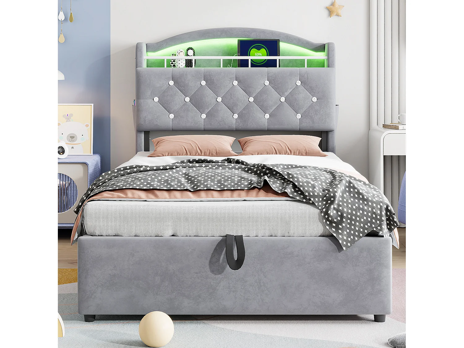 Letto per bambini 90x200 cm in velluto grigio, letto singolo multifunzionale con contenitore, LED e porta USB – Comodo e pratico