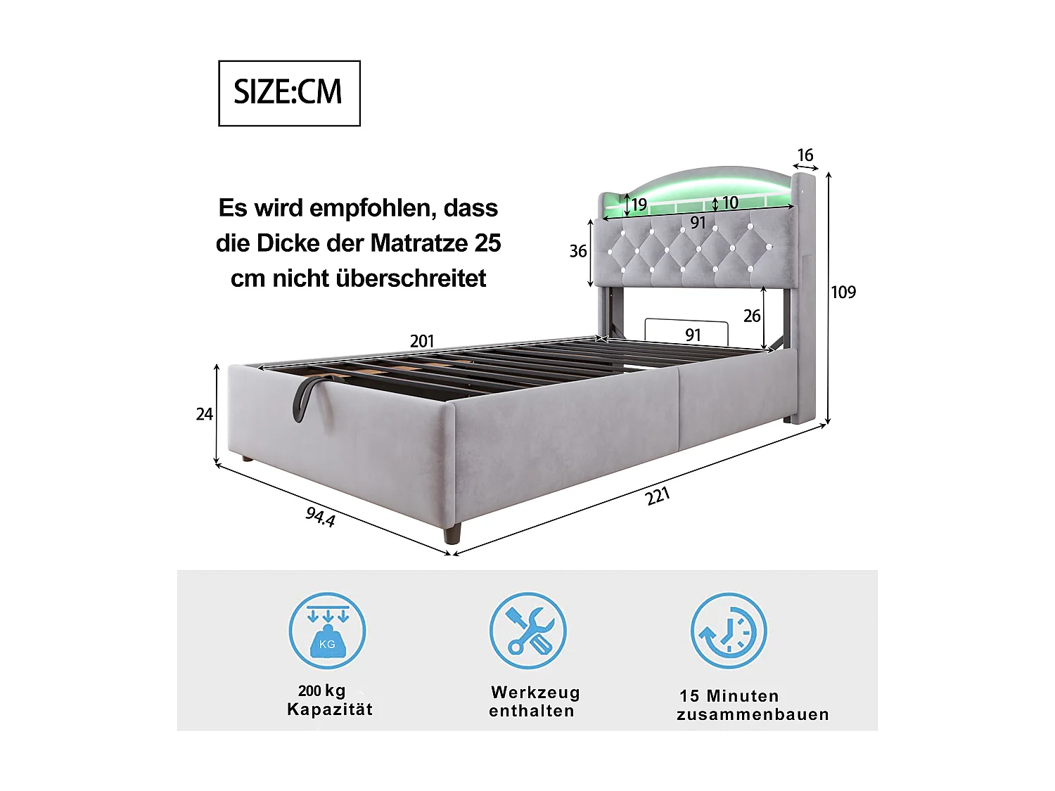 Letto per bambini 90x200 cm in velluto grigio, letto singolo multifunzionale con contenitore, LED e porta USB – Comodo e pratico