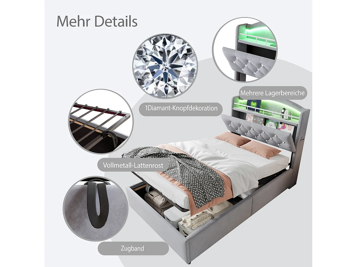 Letto per bambini 90x200 cm in velluto grigio, letto singolo multifunzionale con contenitore, LED e porta USB – Comodo e pratico