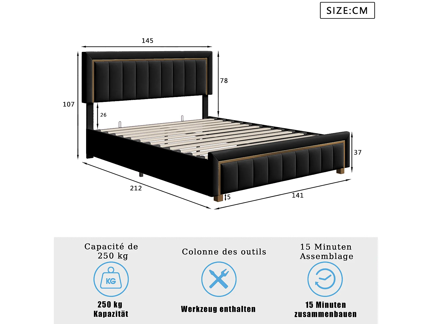 Cama de 140x200 cm en terciopelo negro con rayas verticales y ribete dorado – Diseño elegante y moderno para el dormitorio de un adulto o un adolescente.