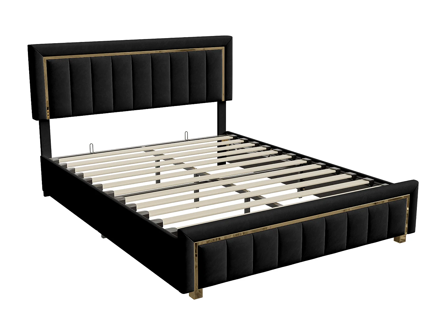 Cama de 140x200 cm en terciopelo negro con rayas verticales y ribete dorado – Diseño elegante y moderno para el dormitorio de un adulto o un adolescente.