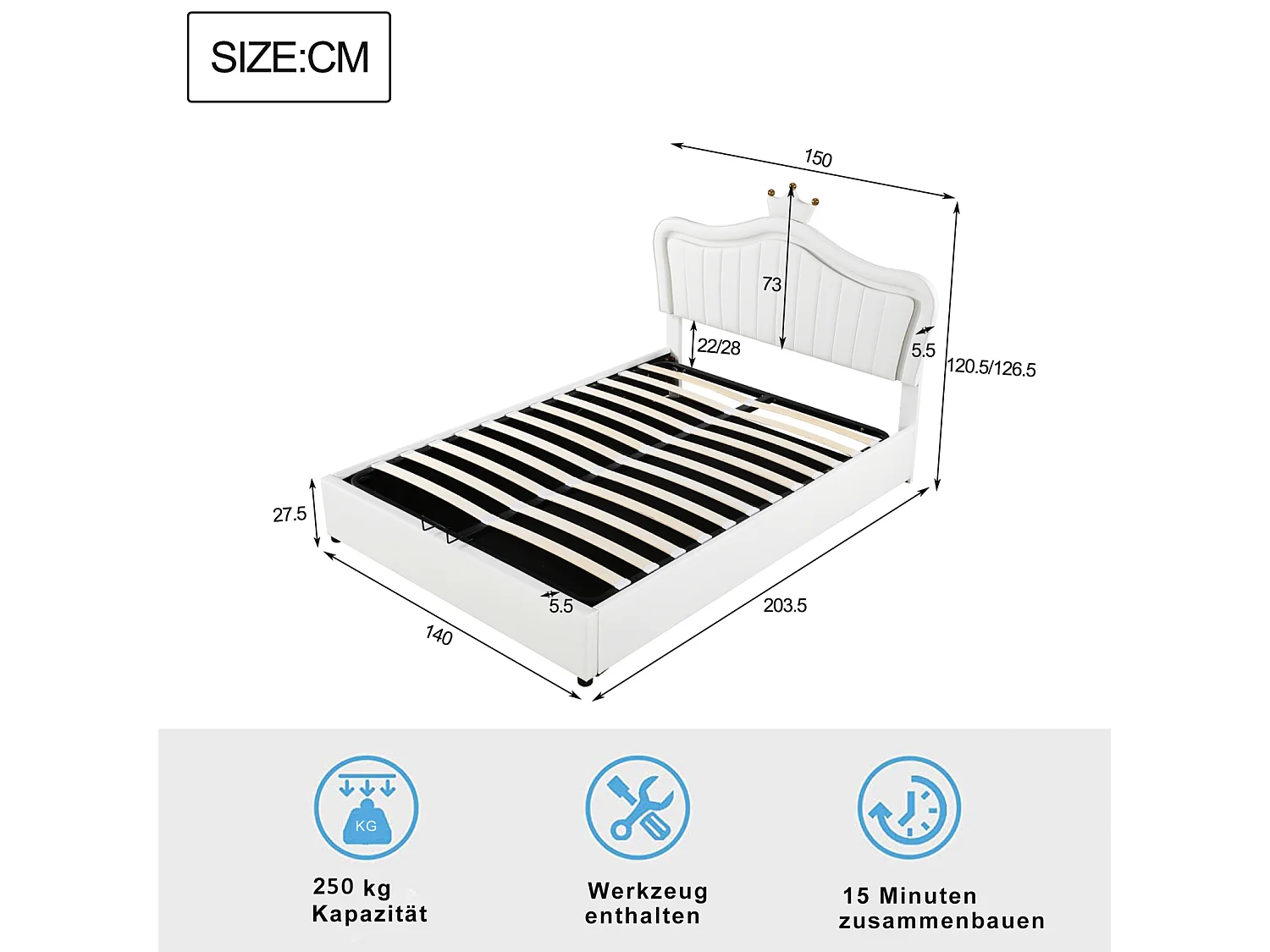 Lit 140x200 cm en PU blanc avec rangement sous lit hydraulique, LED, sommier à lattes et dossier – Lit unique design couronne