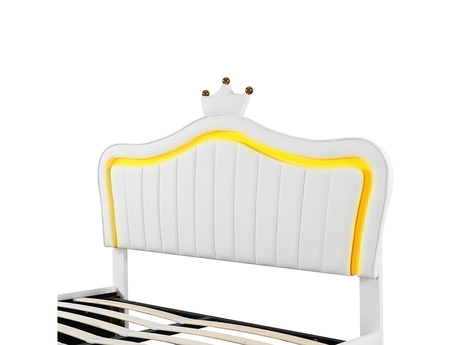 Lit 140x200 cm en PU blanc avec rangement sous lit hydraulique, LED, sommier à lattes et dossier – Lit unique design couronne