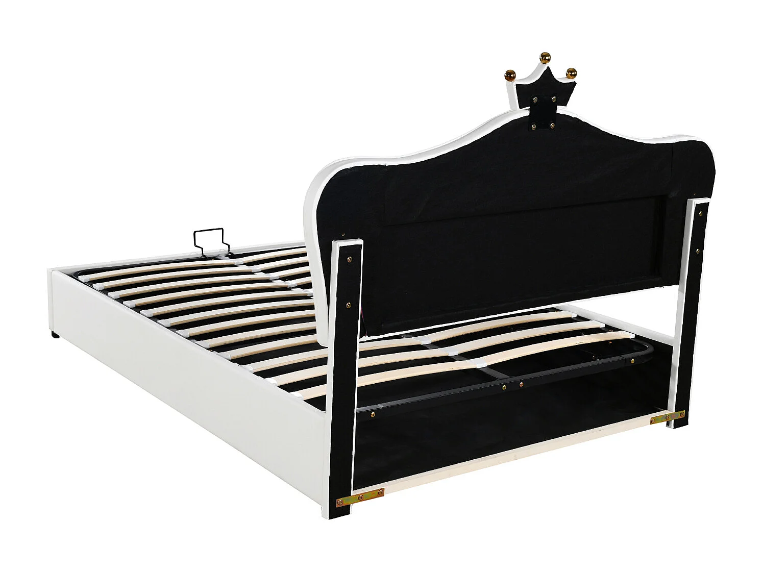 Lit 140x200 cm en PU blanc avec rangement sous lit hydraulique, LED, sommier à lattes et dossier – Lit unique design couronne