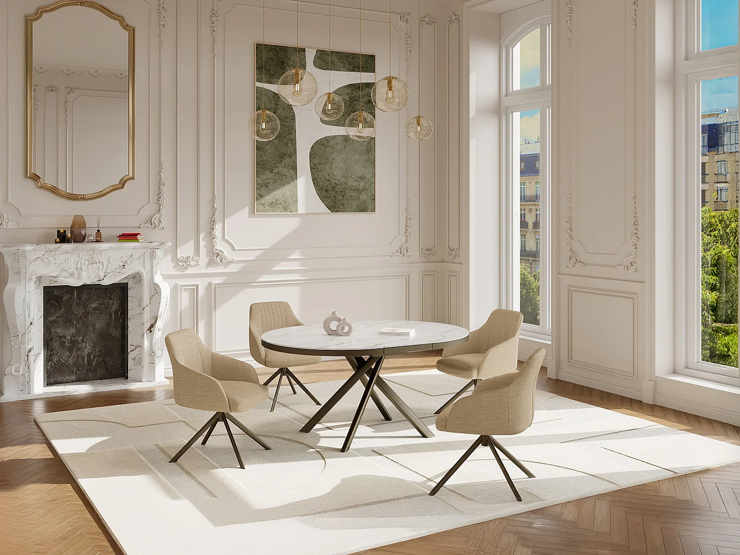 Lot de 6 chaises pivotantes avec accoudoirs en tissu texturé et métal bronze - Beige - TIVONA