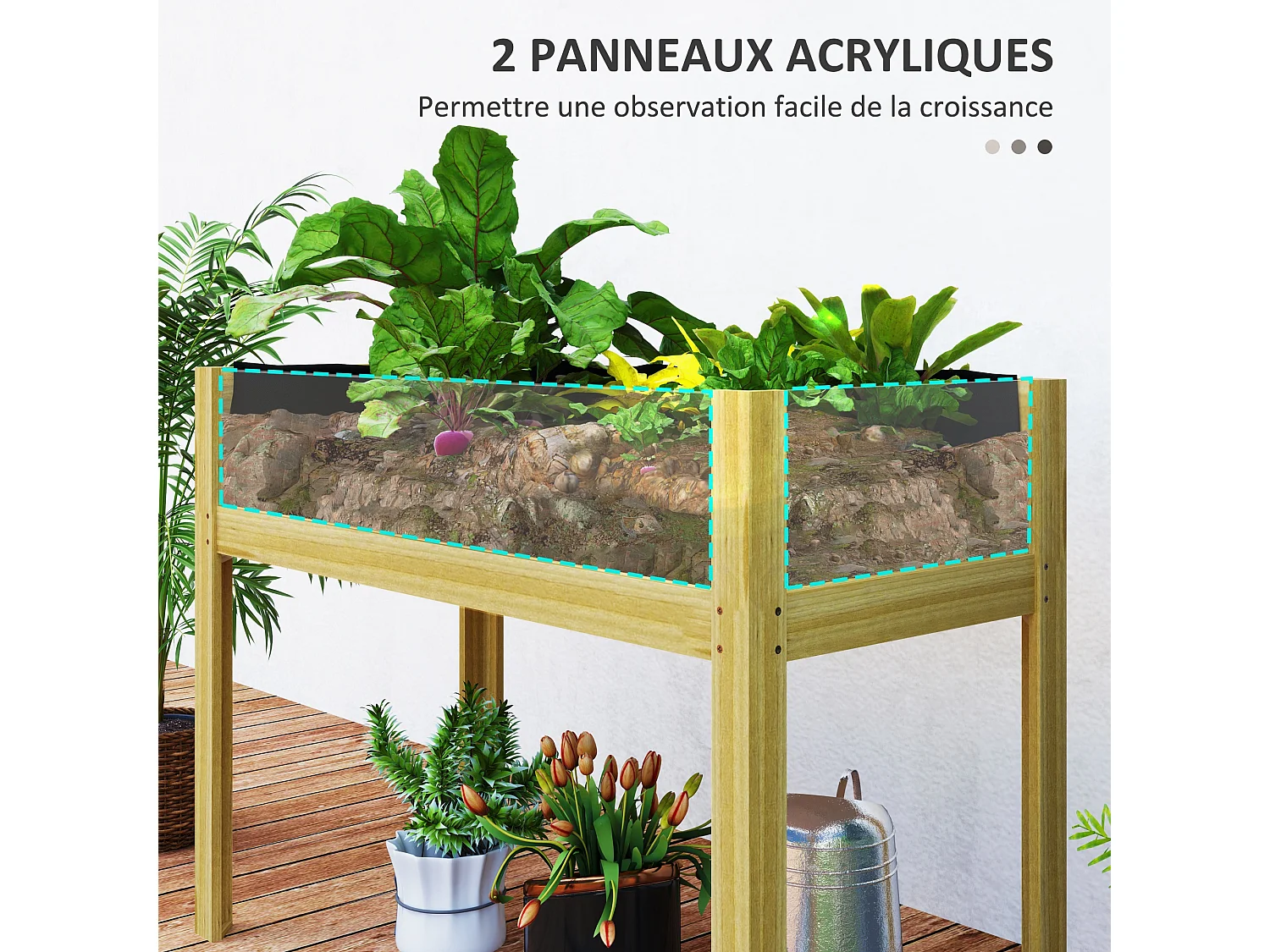 Jardinière sur pied design 2 panneaux acryliques transparents - inserts irrigation, feutre drainage inclus - bois sapin pré-huilé