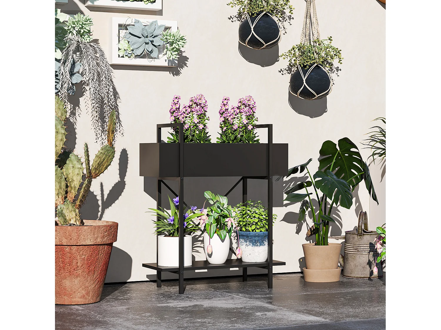 Jardinière design sur pieds - jardinière surélevée - étagère, 2 inserts irrigation - métal époxy noir