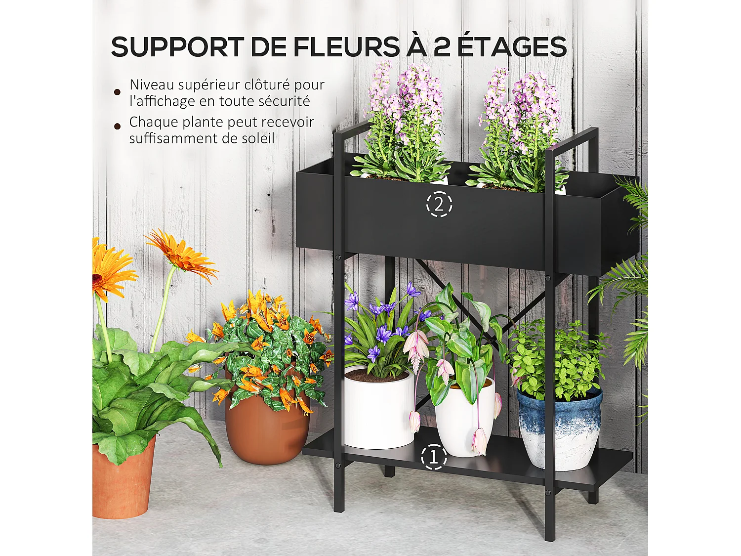 Jardinière design sur pieds - jardinière surélevée - étagère, 2 inserts irrigation - métal époxy noir
