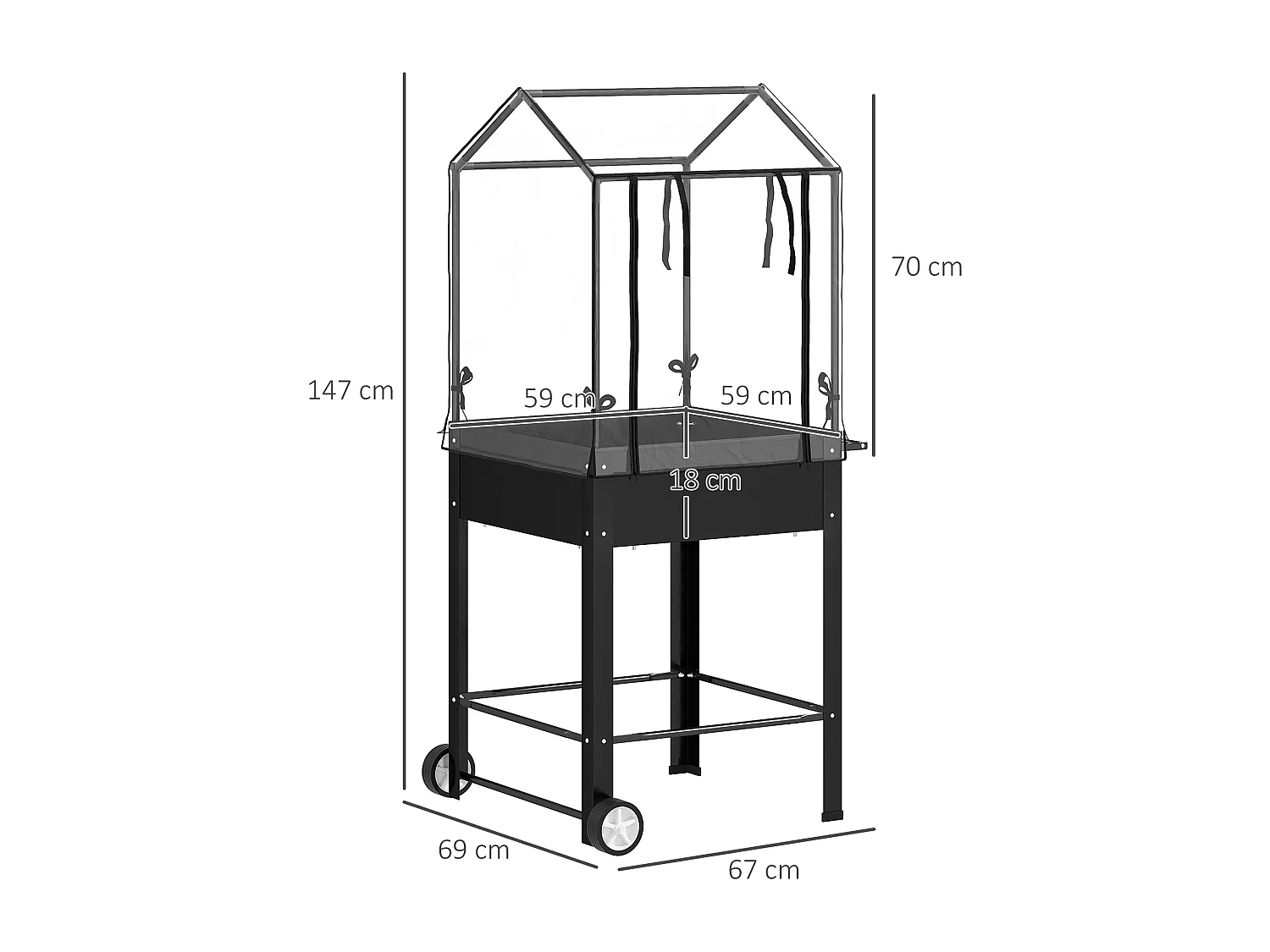 Jardinière sur pied avec serre - carré potager sur pied - 2 roues - 67 x 69 x 147 cm - métal PVC noir