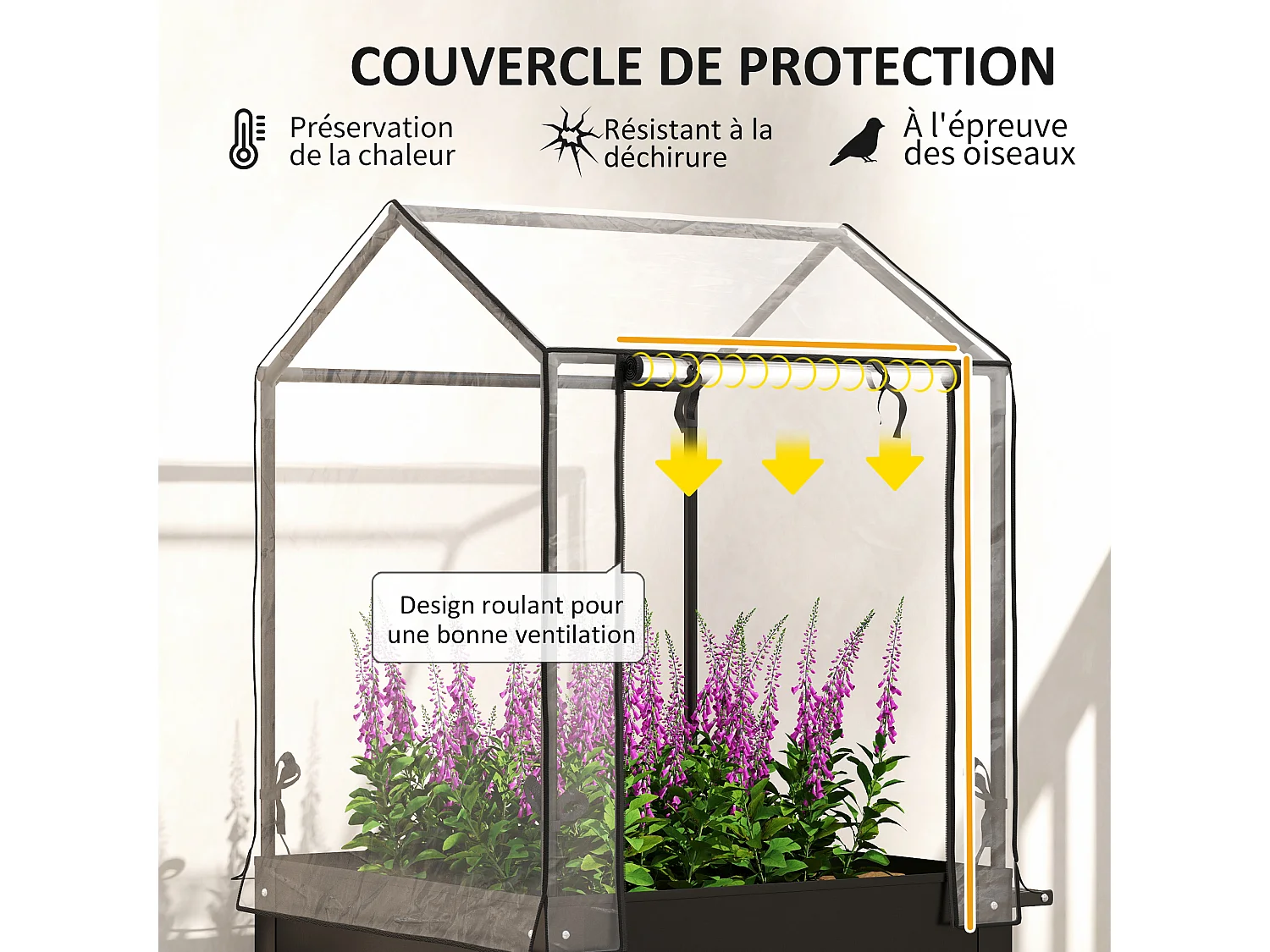 Jardinière sur pied avec serre - carré potager sur pied - 2 roues - 67 x 69 x 147 cm - métal PVC noir