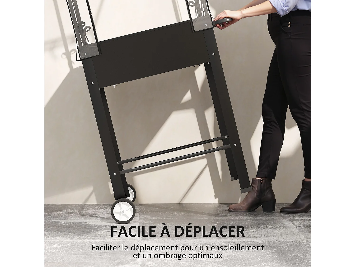 Jardinière sur pied avec serre - carré potager sur pied - 2 roues - 67 x 69 x 147 cm - métal PVC noir