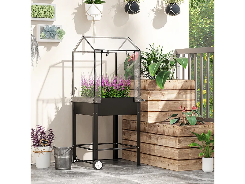 Jardinière sur pied avec serre - carré potager sur pied - 2 roues - 67 x 69 x 147 cm - métal PVC noir