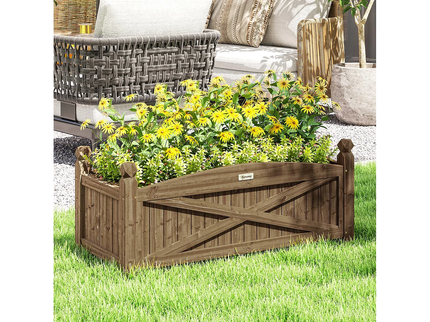 Jardinière en bois style rustique chic sur pied - dim. 90 x 39 x 37 cm - inserts d'irrigation intégrés - bois sapin traité