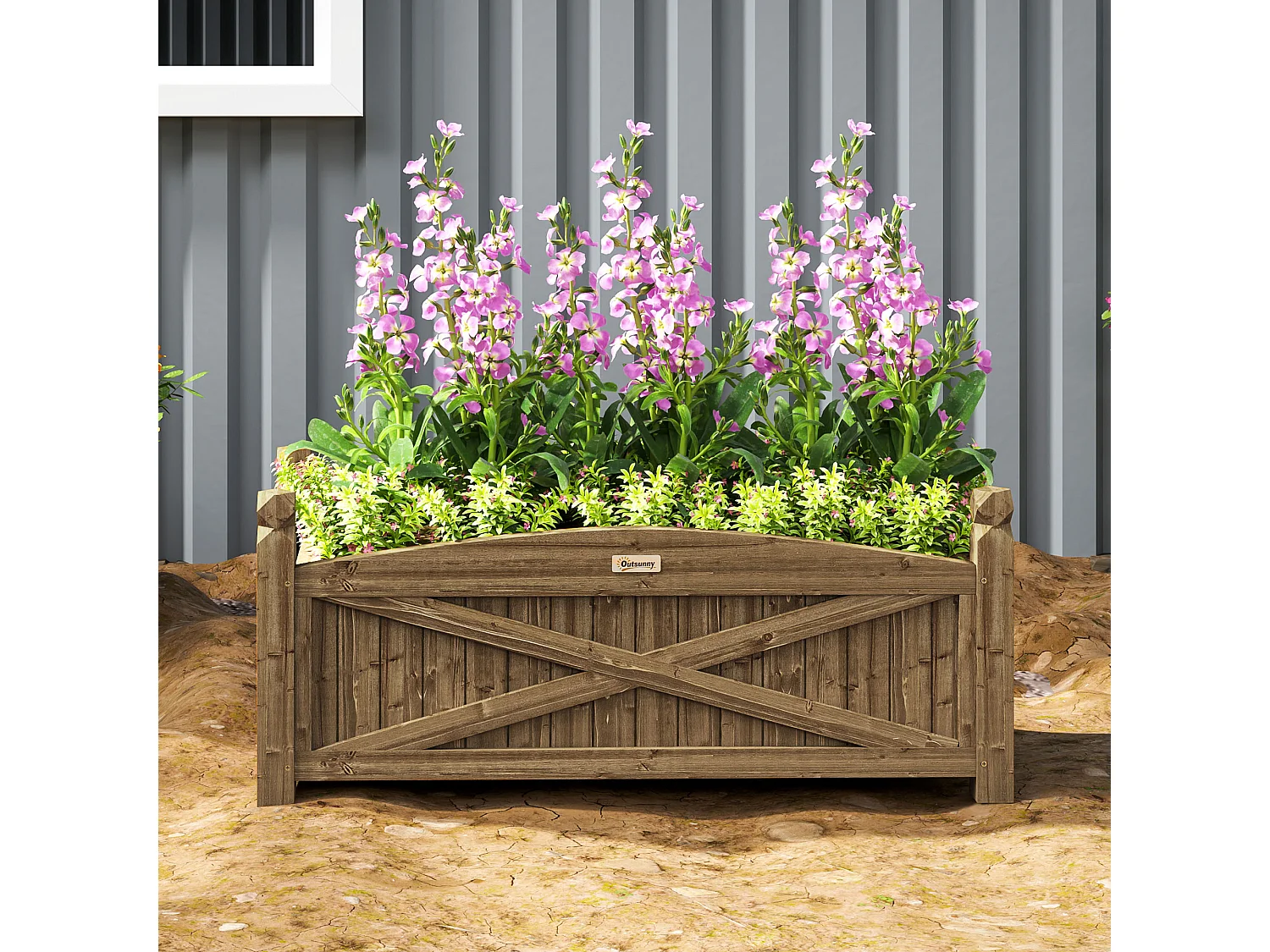 Jardinière en bois style rustique chic sur pied - dim. 90 x 39 x 37 cm - inserts d'irrigation intégrés - bois sapin traité