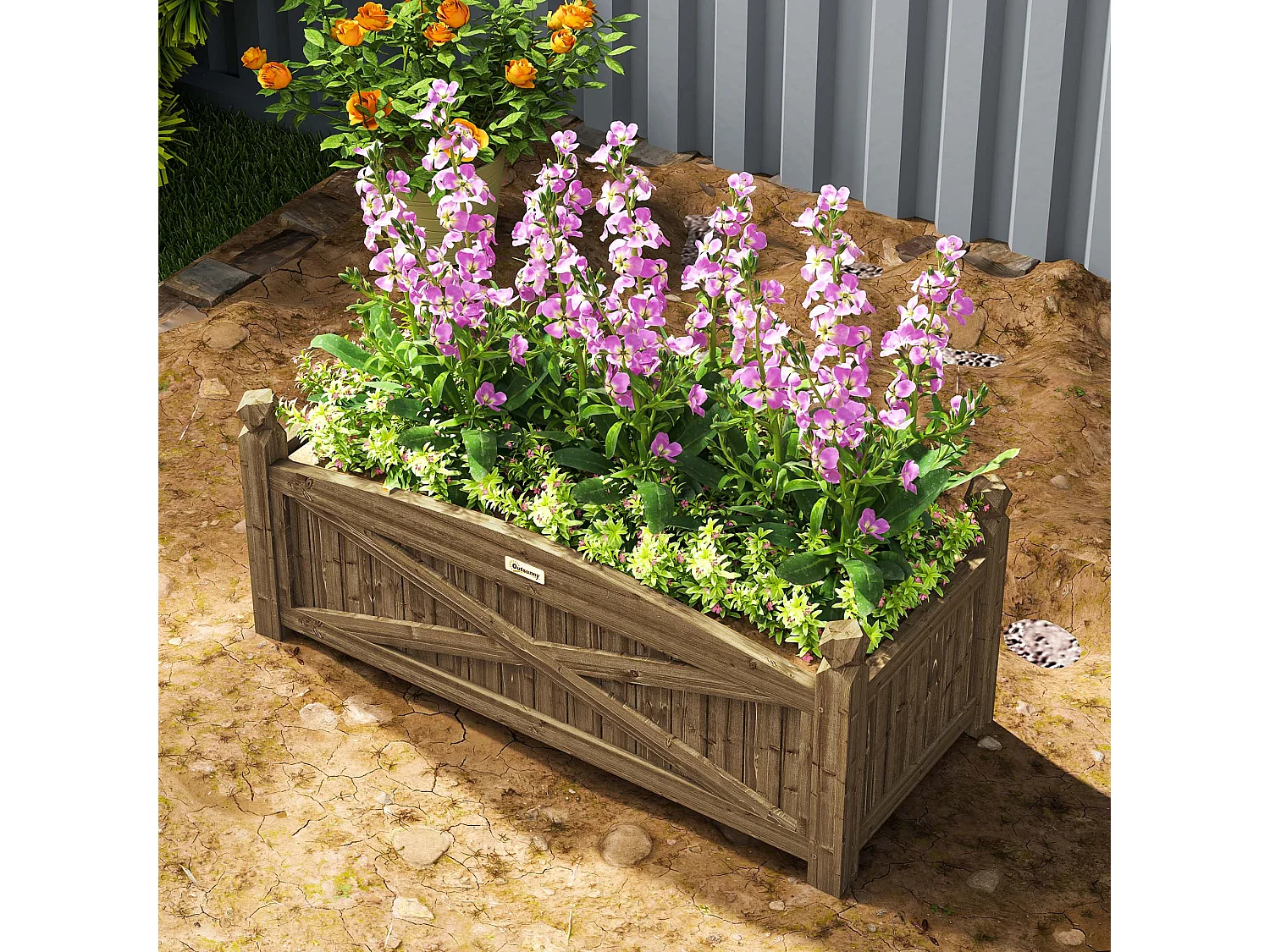 Jardinière en bois style rustique chic sur pied - dim. 90 x 39 x 37 cm - inserts d'irrigation intégrés - bois sapin traité