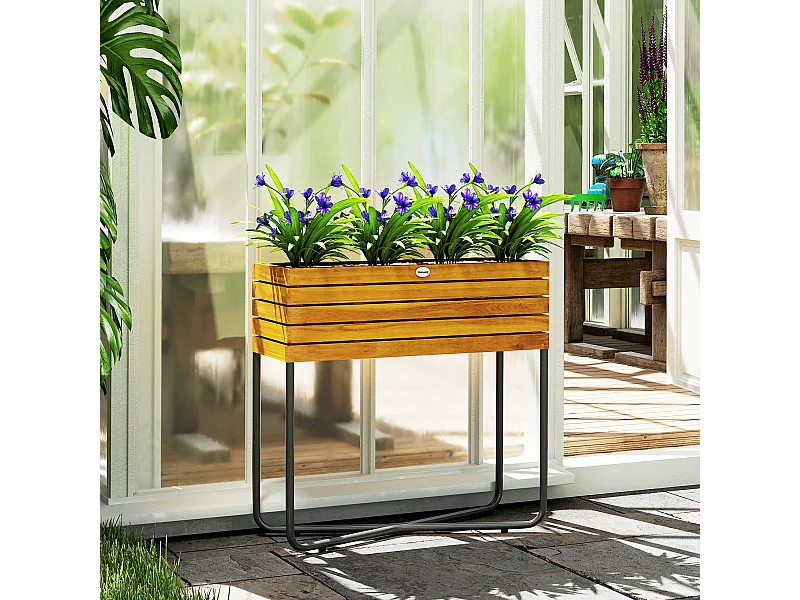 Jardinière sur pieds design bois - potager sur pieds - 62 x 22,5 x 61 cm - acier noir acacia verni