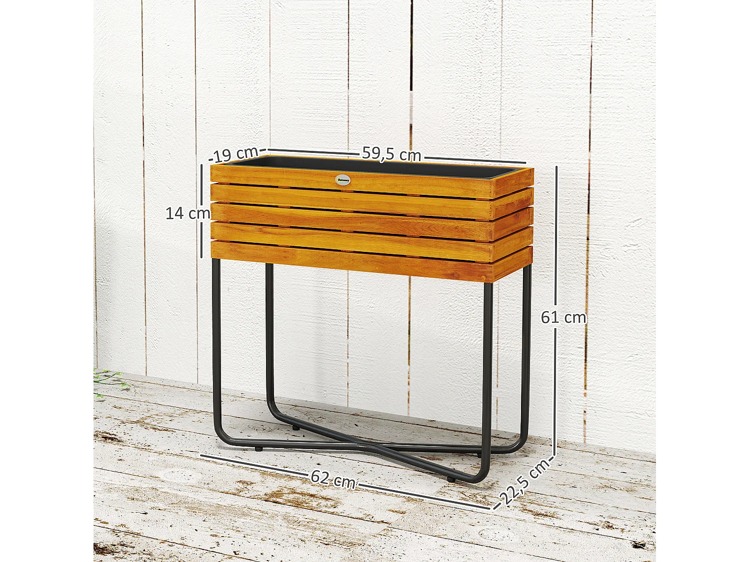 Jardinière sur pieds design bois - potager sur pieds - 62 x 22,5 x 61 cm - acier noir acacia verni