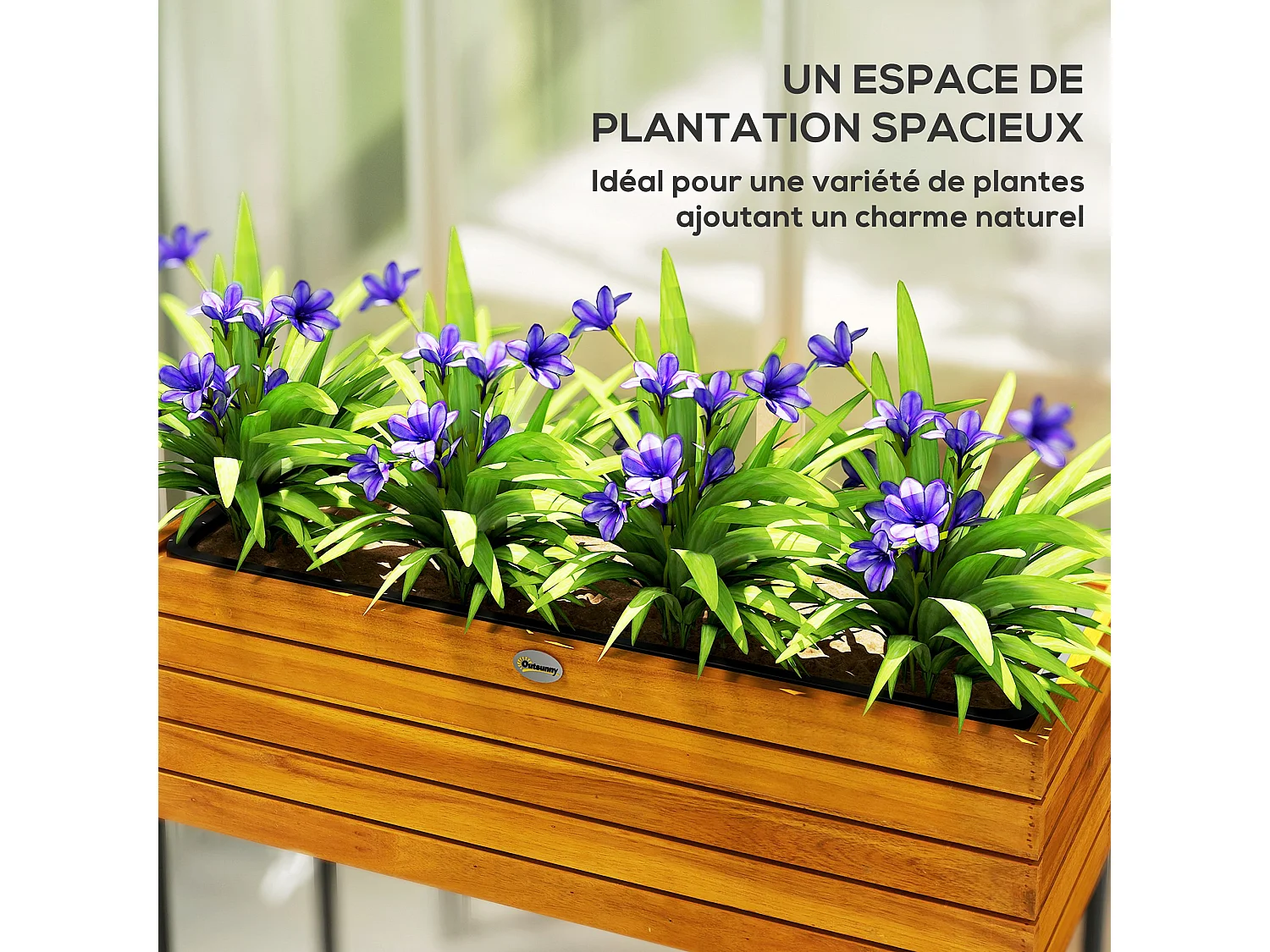 Jardinière sur pieds design bois - potager sur pieds - 62 x 22,5 x 61 cm - acier noir acacia verni