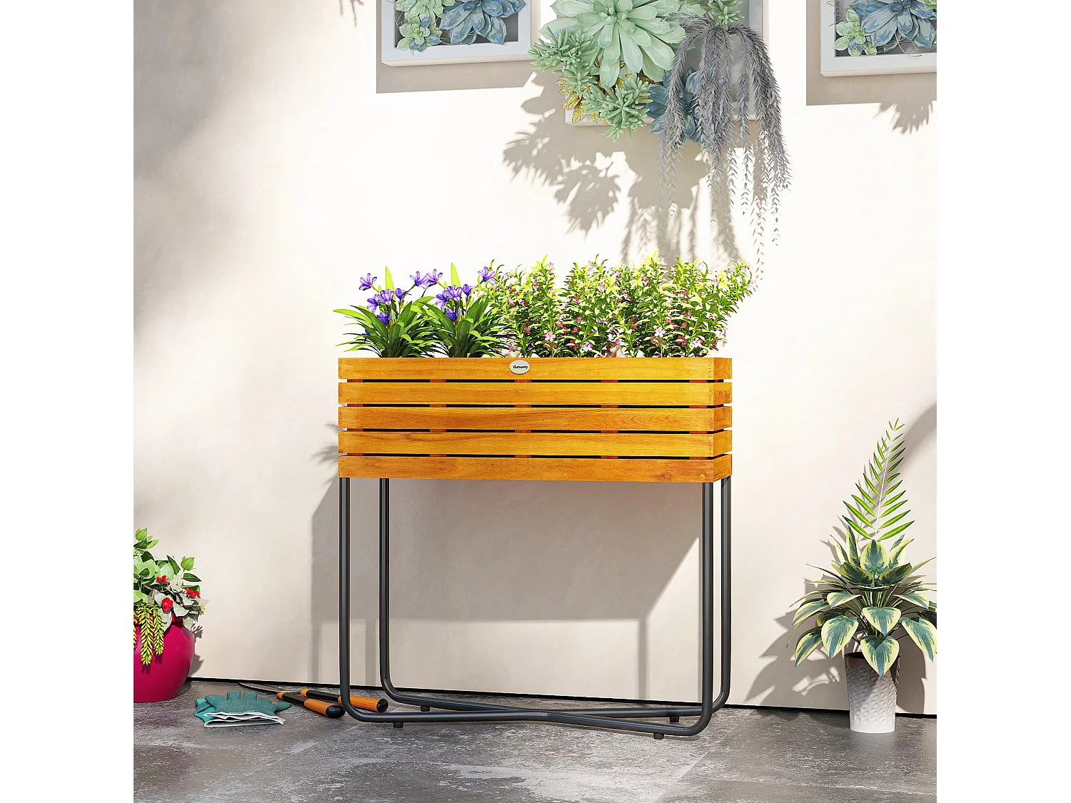 Jardinière sur pieds design bois - potager sur pieds - 62 x 22,5 x 61 cm - acier noir acacia verni