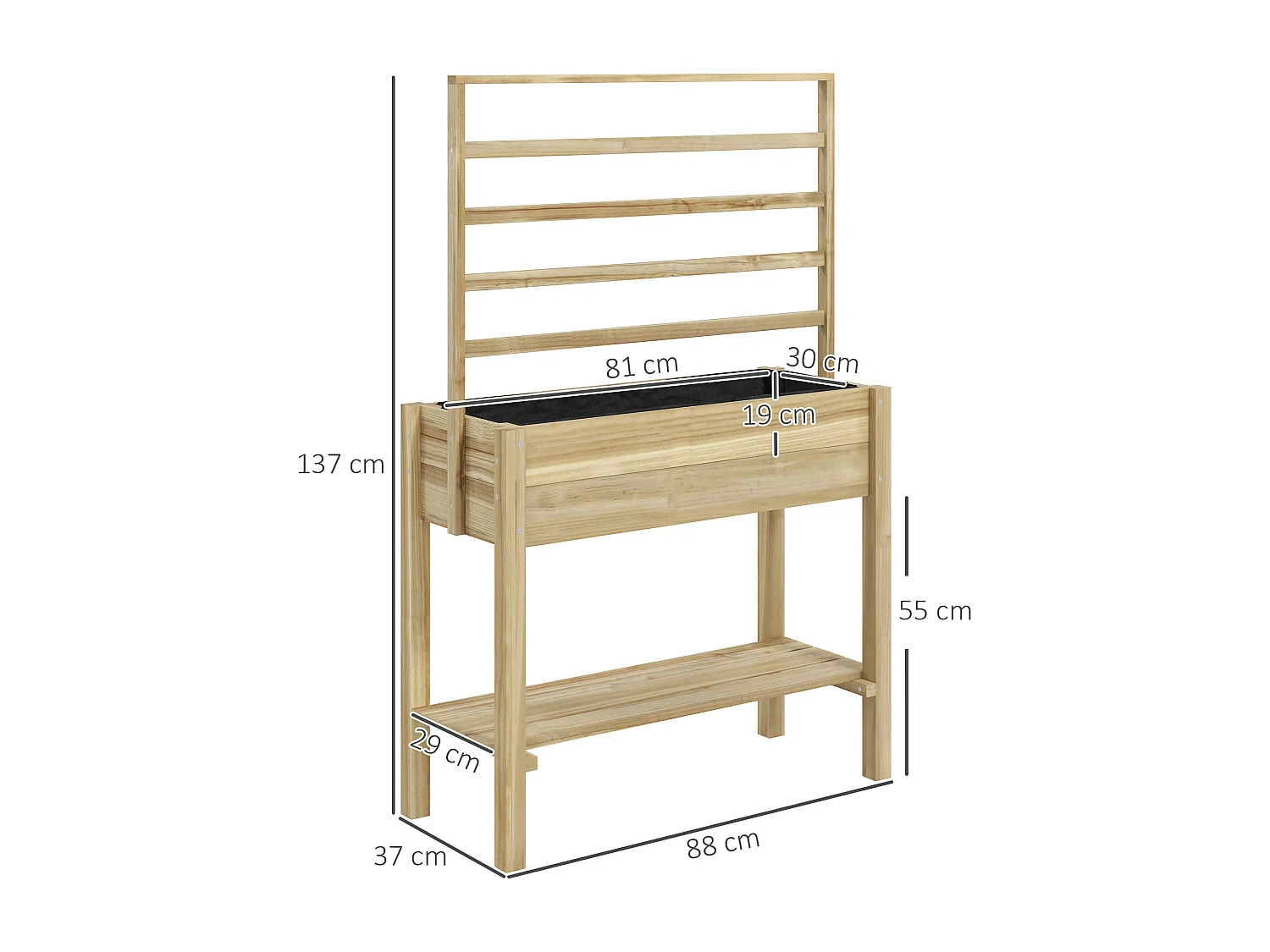 Jardinière sur pied avec treillis haut dim. 88 x 37 x 137 cm - étagère, feutre et drainage - bois pré-huilé