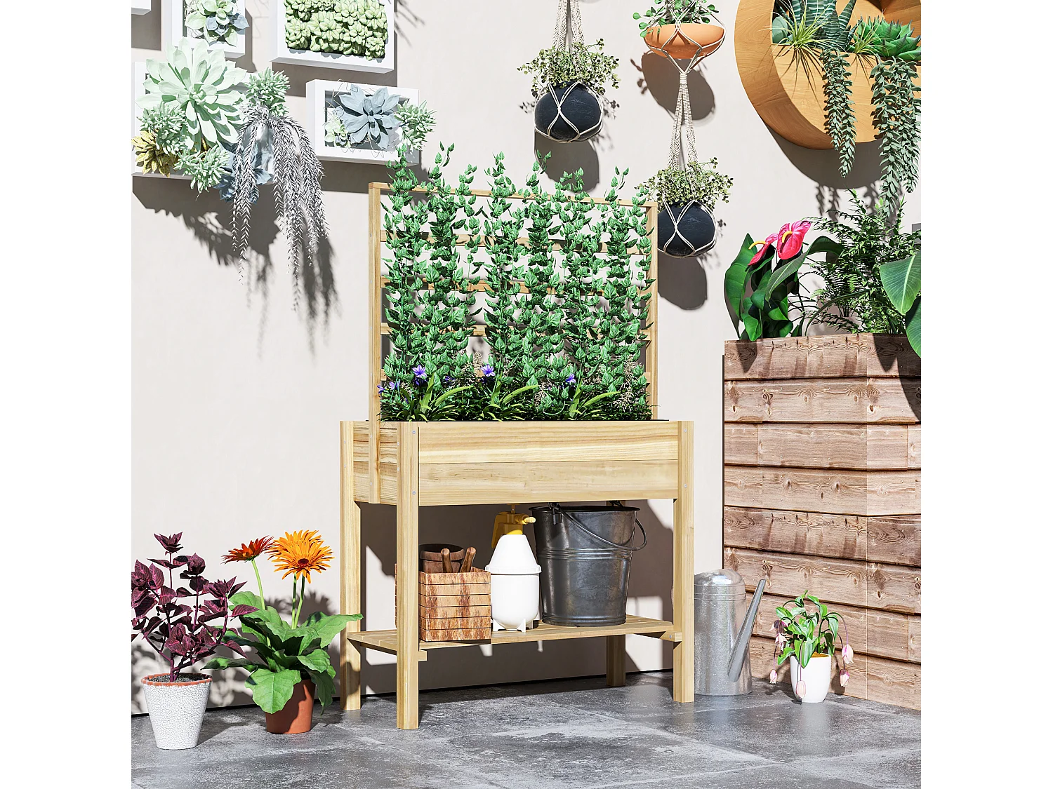 Jardinière sur pied avec treillis haut dim. 88 x 37 x 137 cm - étagère, feutre et drainage - bois pré-huilé