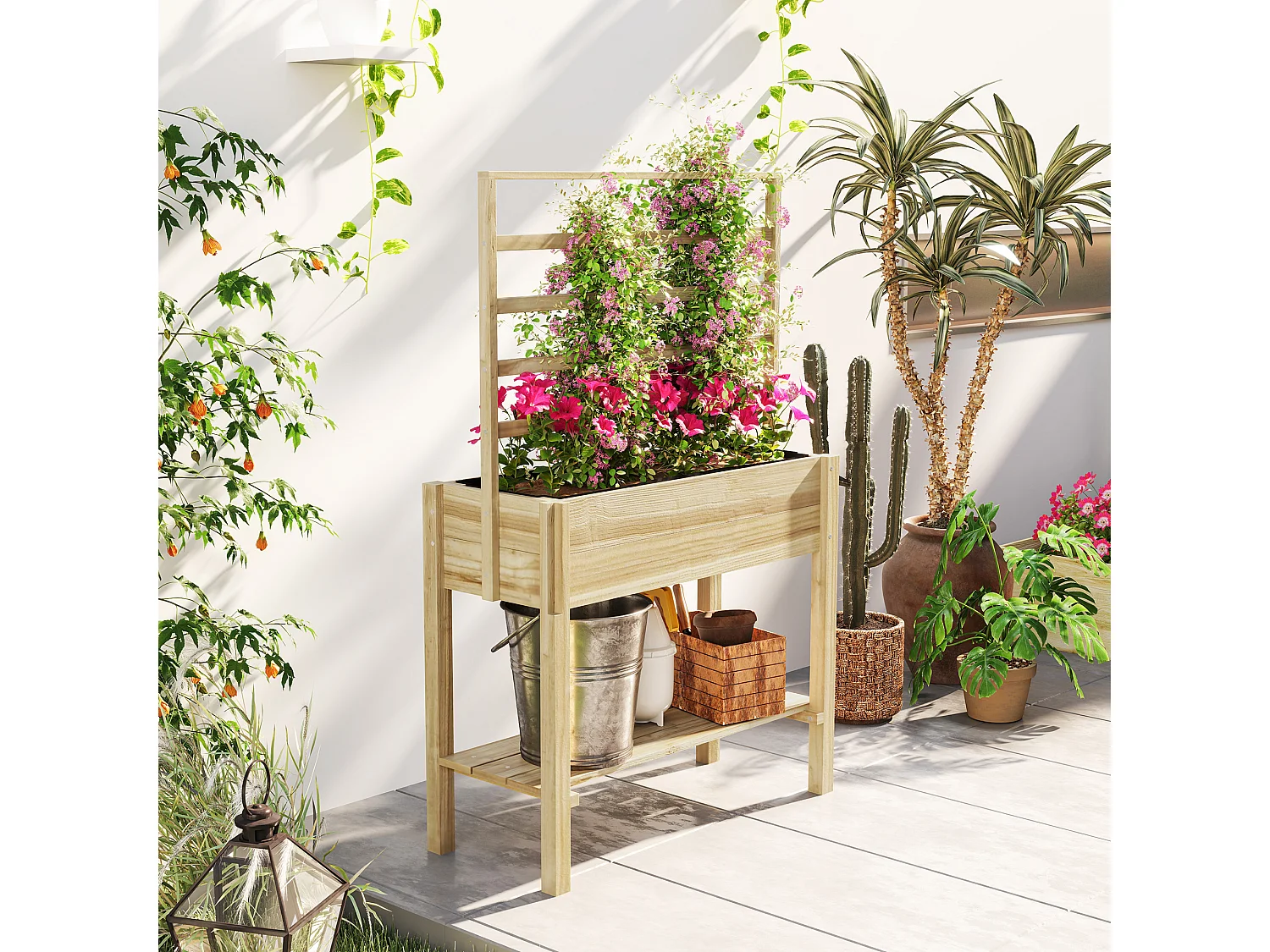 Jardinière sur pied avec treillis haut dim. 88 x 37 x 137 cm - étagère, feutre et drainage - bois pré-huilé