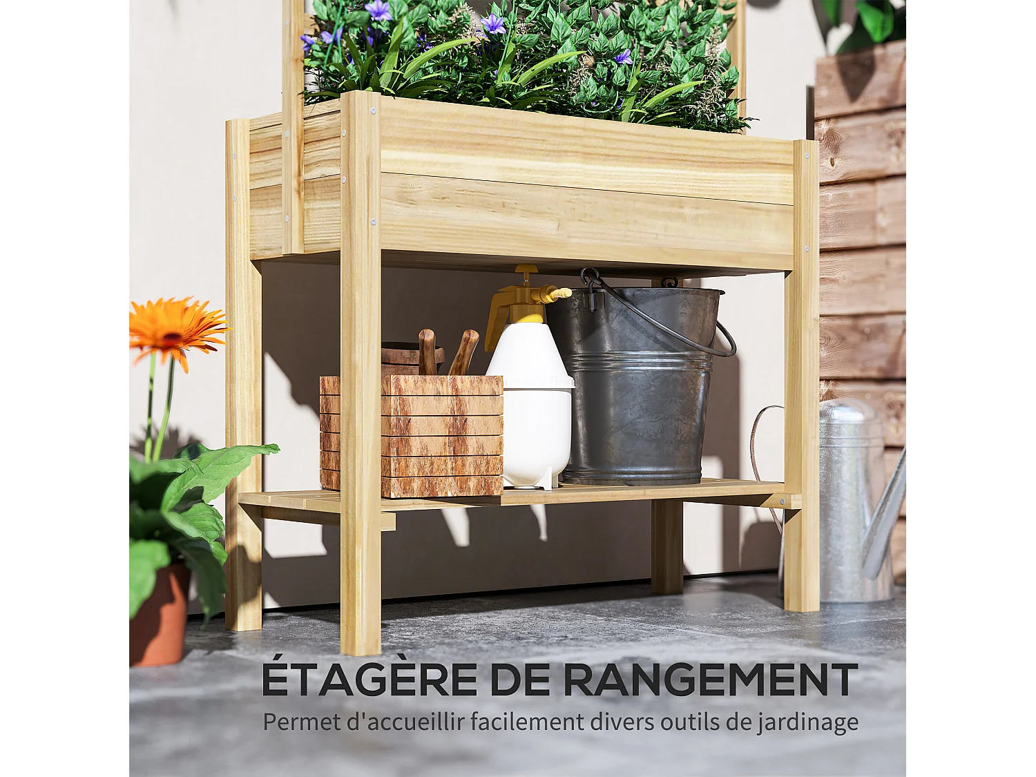 Jardinière sur pied avec treillis haut dim. 88 x 37 x 137 cm - étagère, feutre et drainage - bois pré-huilé
