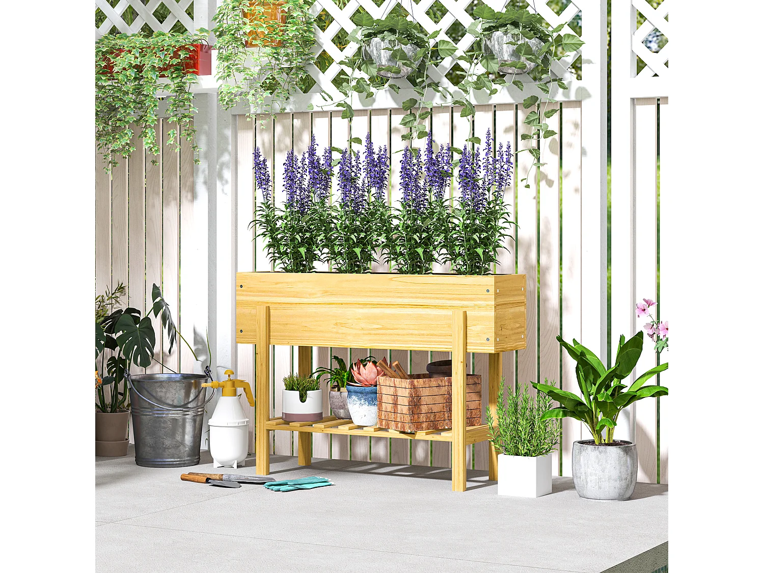 Jardinière sur pied - étagère - inserts d'irrigation, feutre drainage inclus - bois sapin pré-huilé