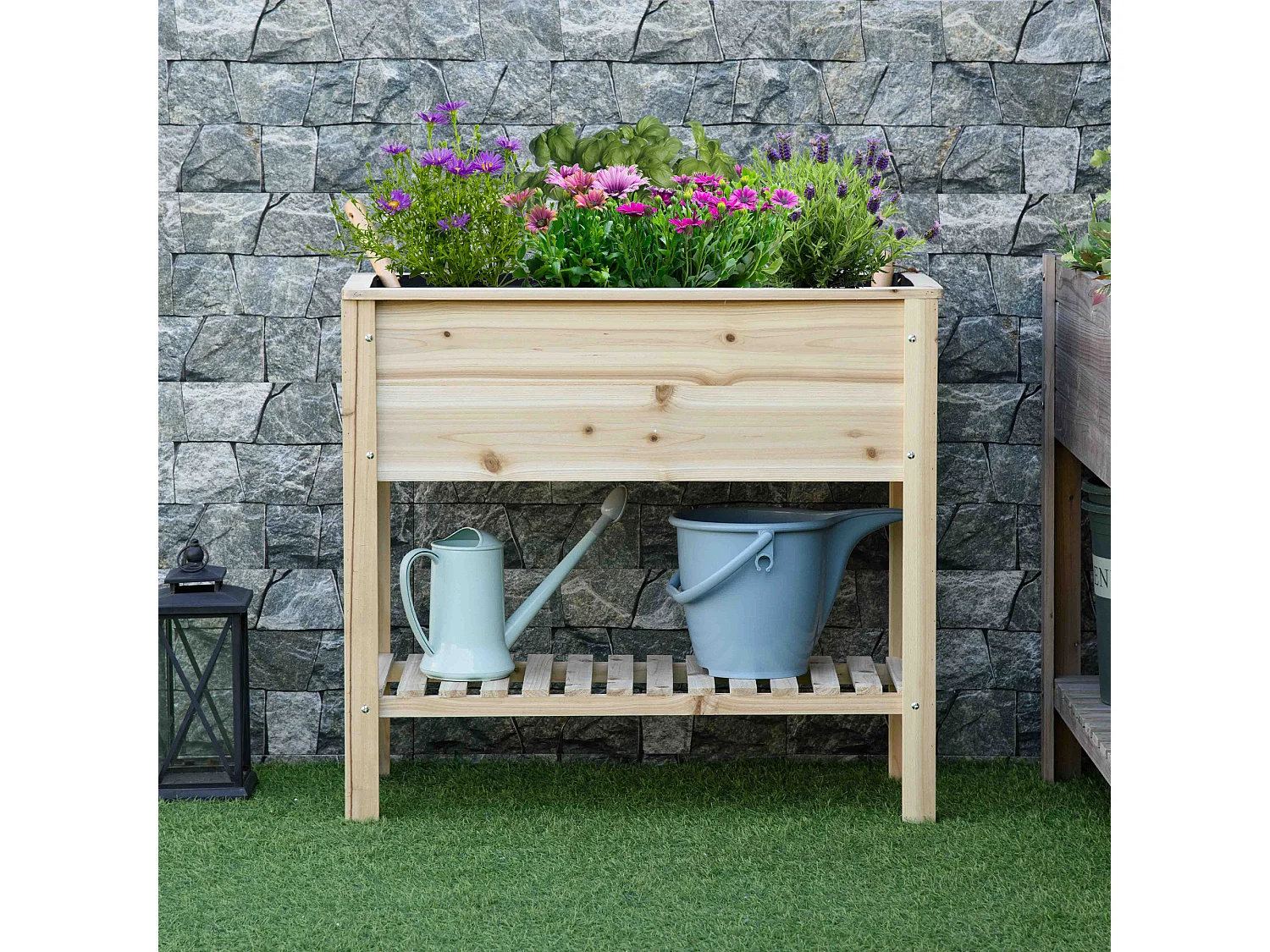 Jardinière sur pied potager dim. 90 x 40 x 81 cm  - étagère - inserts d'irrigation, géotextile inclus - bois sapin pré-huilé