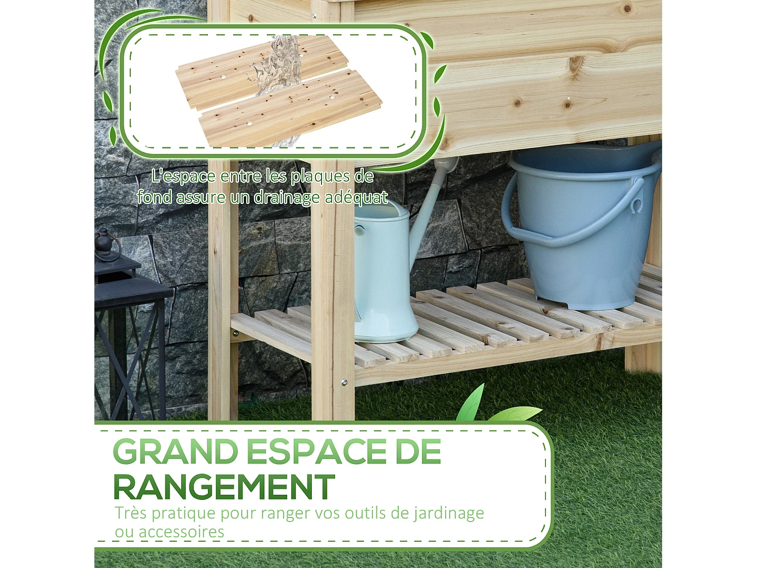 Jardinière sur pied potager dim. 90 x 40 x 81 cm  - étagère - inserts d'irrigation, géotextile inclus - bois sapin pré-huilé