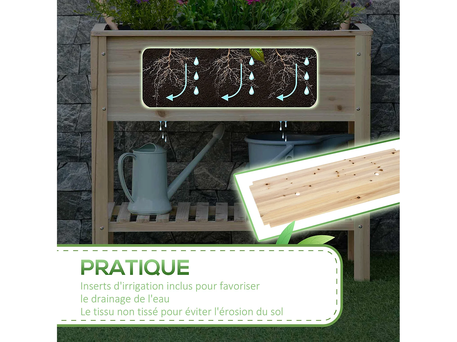Jardinière sur pied potager dim. 90 x 40 x 81 cm  - étagère - inserts d'irrigation, géotextile inclus - bois sapin pré-huilé