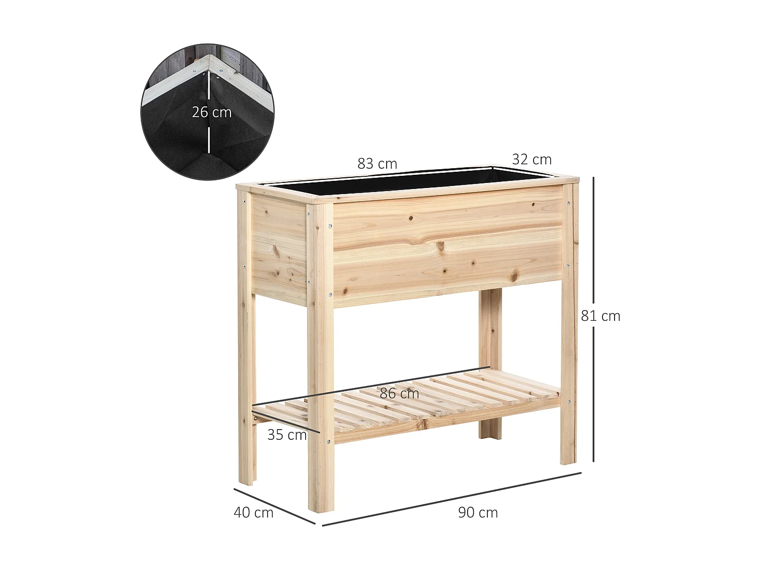 Jardinière sur pied potager dim. 90 x 40 x 81 cm  - étagère - inserts d'irrigation, géotextile inclus - bois sapin pré-huilé