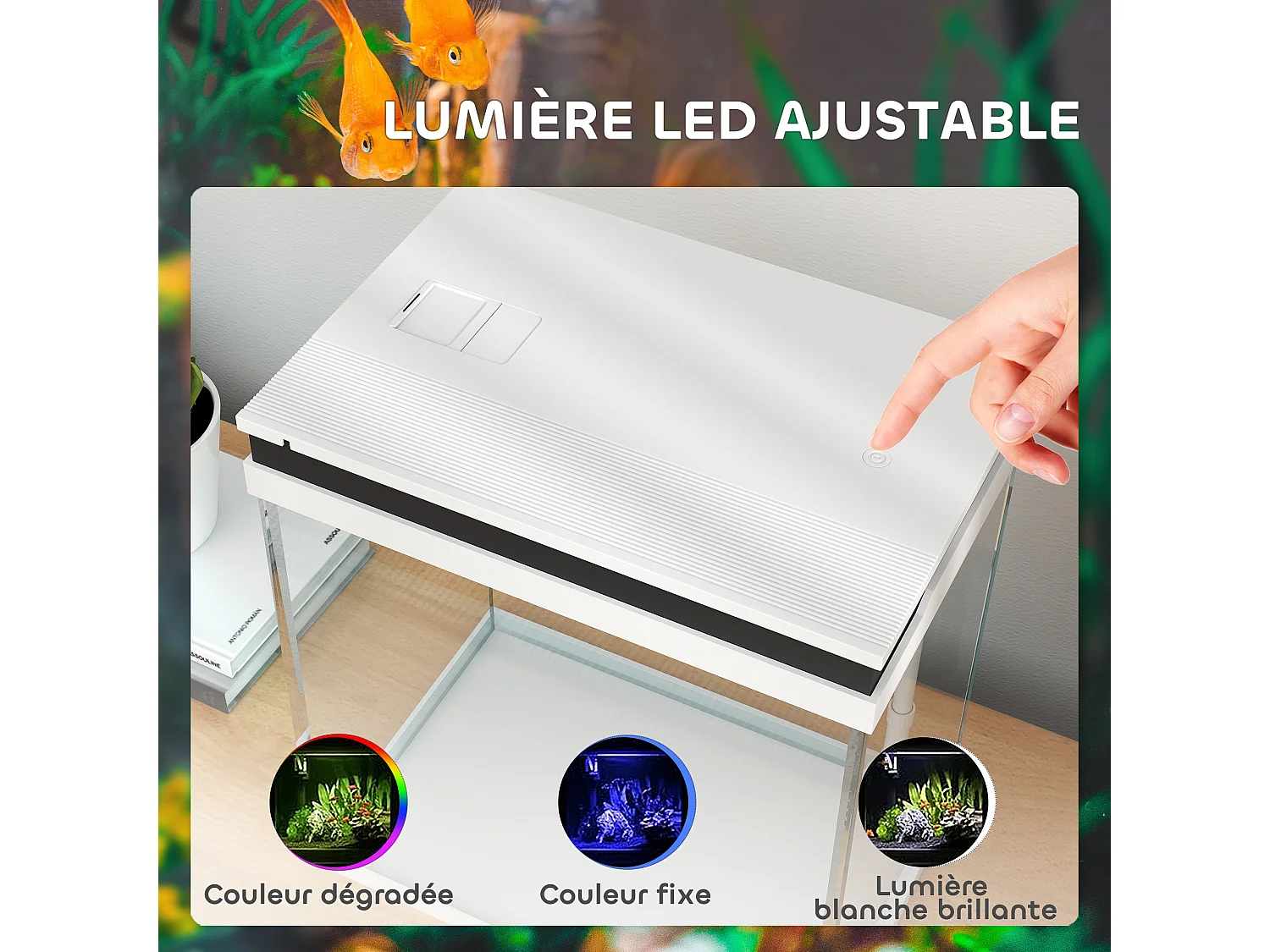 Aquarium en verre 14L - système de filtration, éclairage LED, pompe à eau, couvercle - blanc