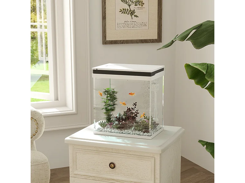 Aquarium en verre 14L - système de filtration, éclairage LED, pompe à eau, couvercle - blanc