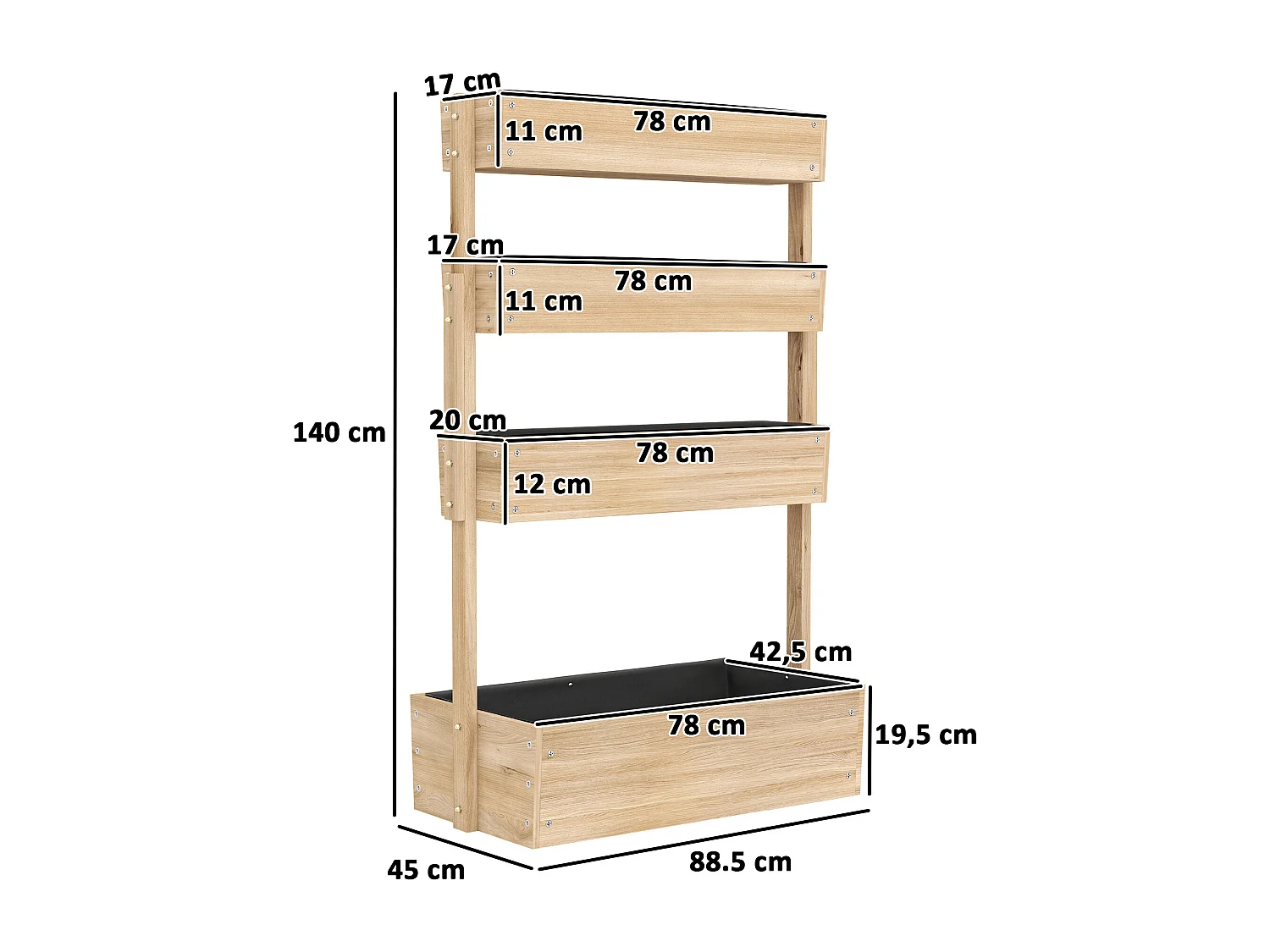 Jardinière bois 4 niveaux - inserts d'irrigation, feutres de drainage - dim. 88 x 45 x 140 cm - bois sapin pré-huilé