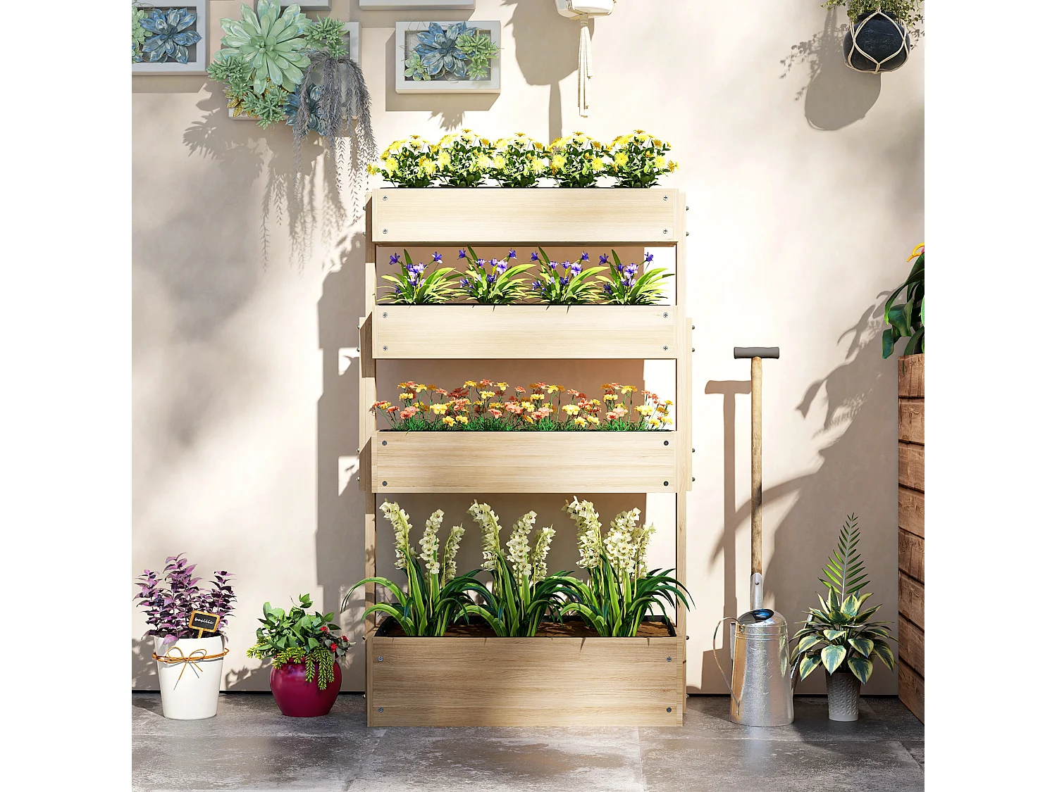 Jardinière bois 4 niveaux - inserts d'irrigation, feutres de drainage - dim. 88 x 45 x 140 cm - bois sapin pré-huilé