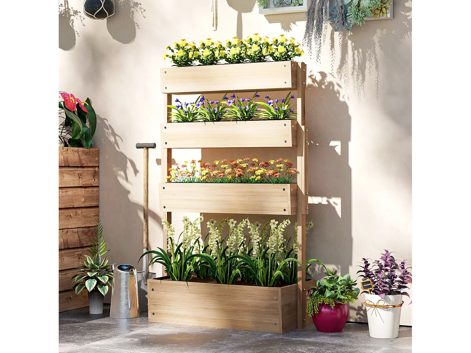 Jardinière bois 4 niveaux - inserts d'irrigation, feutres de drainage - dim. 88 x 45 x 140 cm - bois sapin pré-huilé