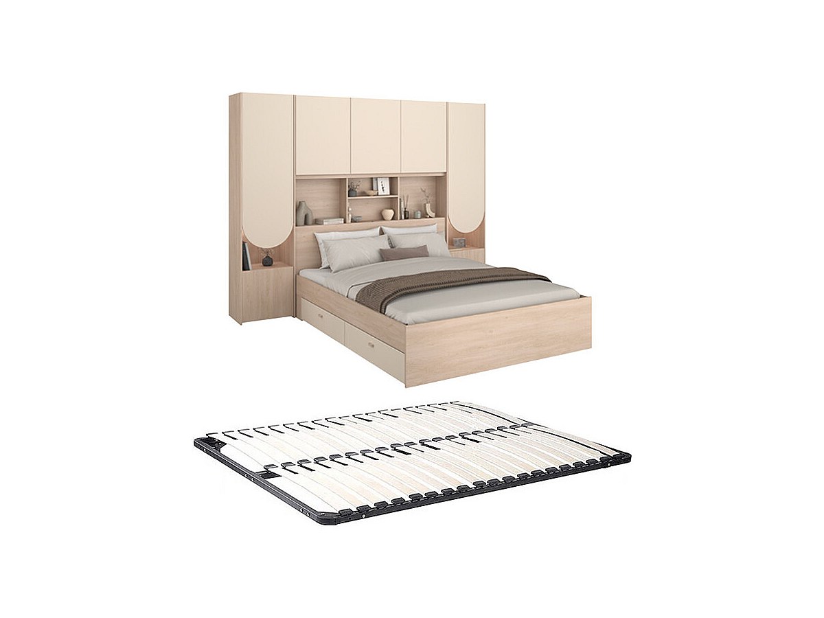 Hochbett 140 x 190 cm mit Stauraum + LEDs + Lattenrost - Beige & Natur - DO günstig online kaufen