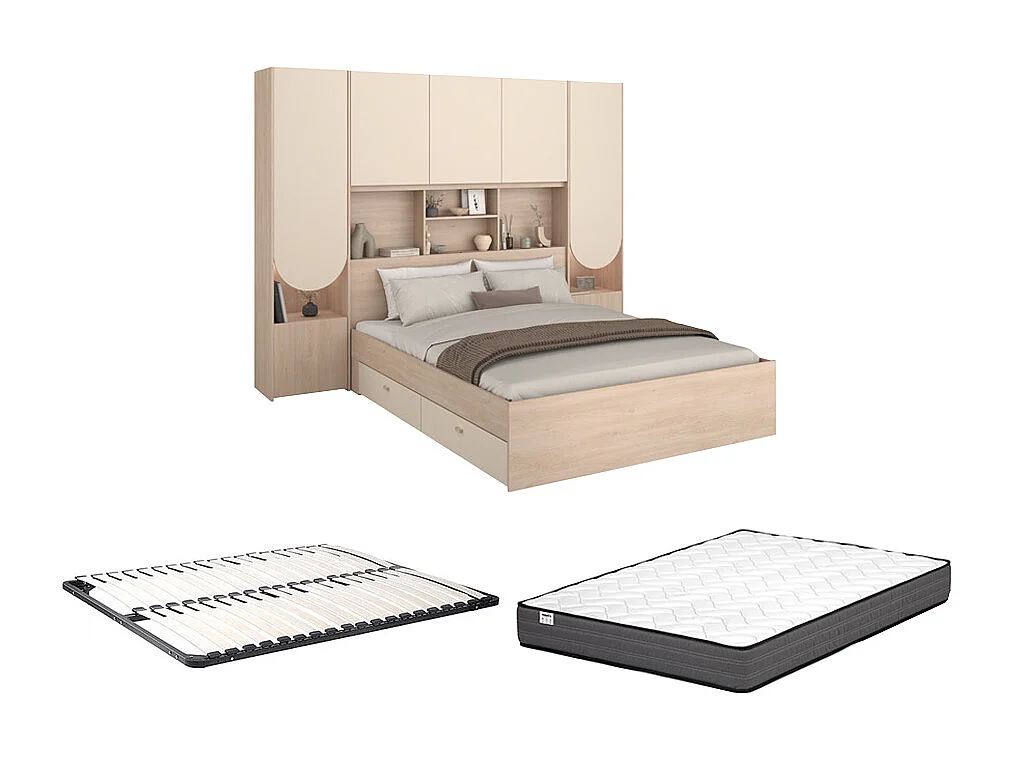 Lit pont 140 x 190 cm avec rangements - Avec LEDs - Coloris : Beige et naturel + Sommier + Matelas - DOMELITO