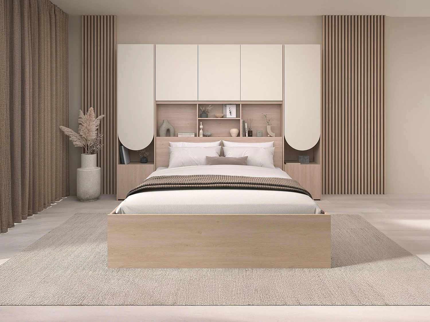 Lit pont 140 x 190 cm avec rangements - Avec LEDs - Coloris : Beige et naturel + Sommier + Matelas - DOMELITO