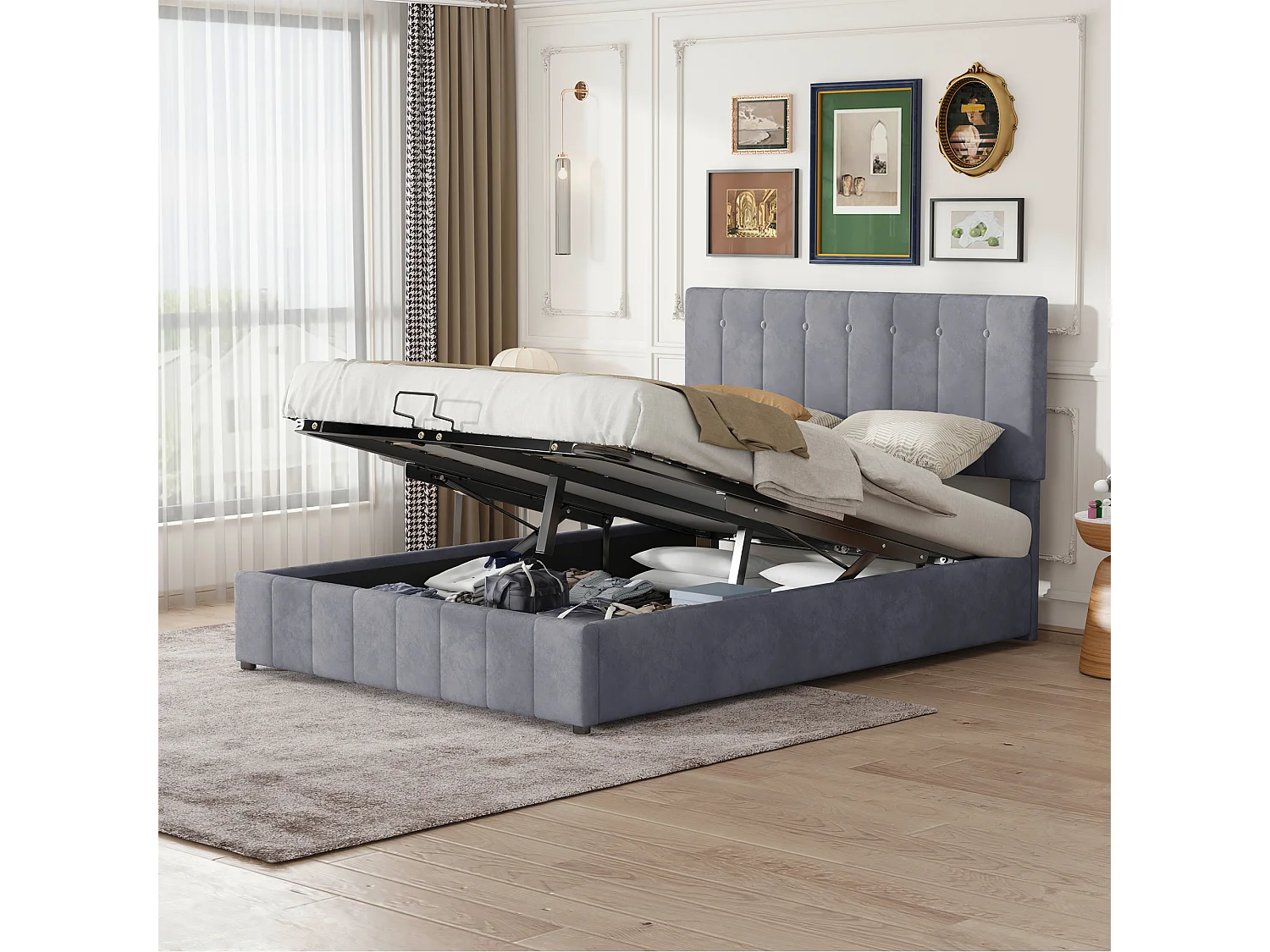 Lit Coffre 203x144.5x106 cm avec table de chevet réglable en hauteur et compartiments de rangement en gris pour adultes et adolescents