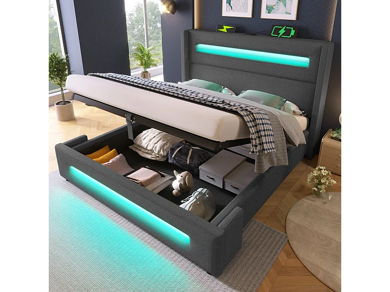 Lit Coffre 218x174x122 cm avec LED USB espace de rangement Matelas sommier en bois en gris pour adultes et enfants et adolescents